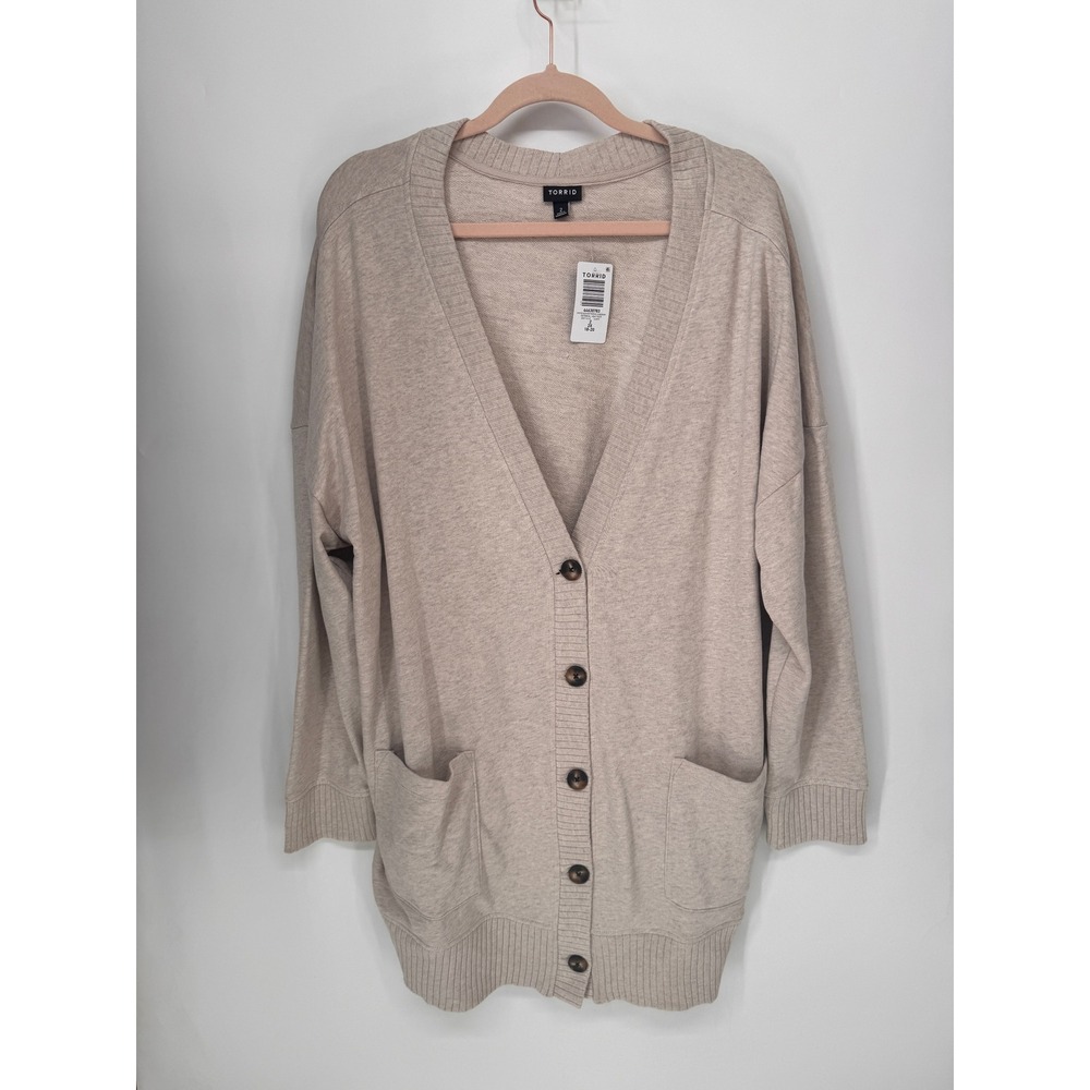 Torrid Cardigan Women 2X Oatmeal NWT Oversized Boyfriend V-Neck Pockets 44630783